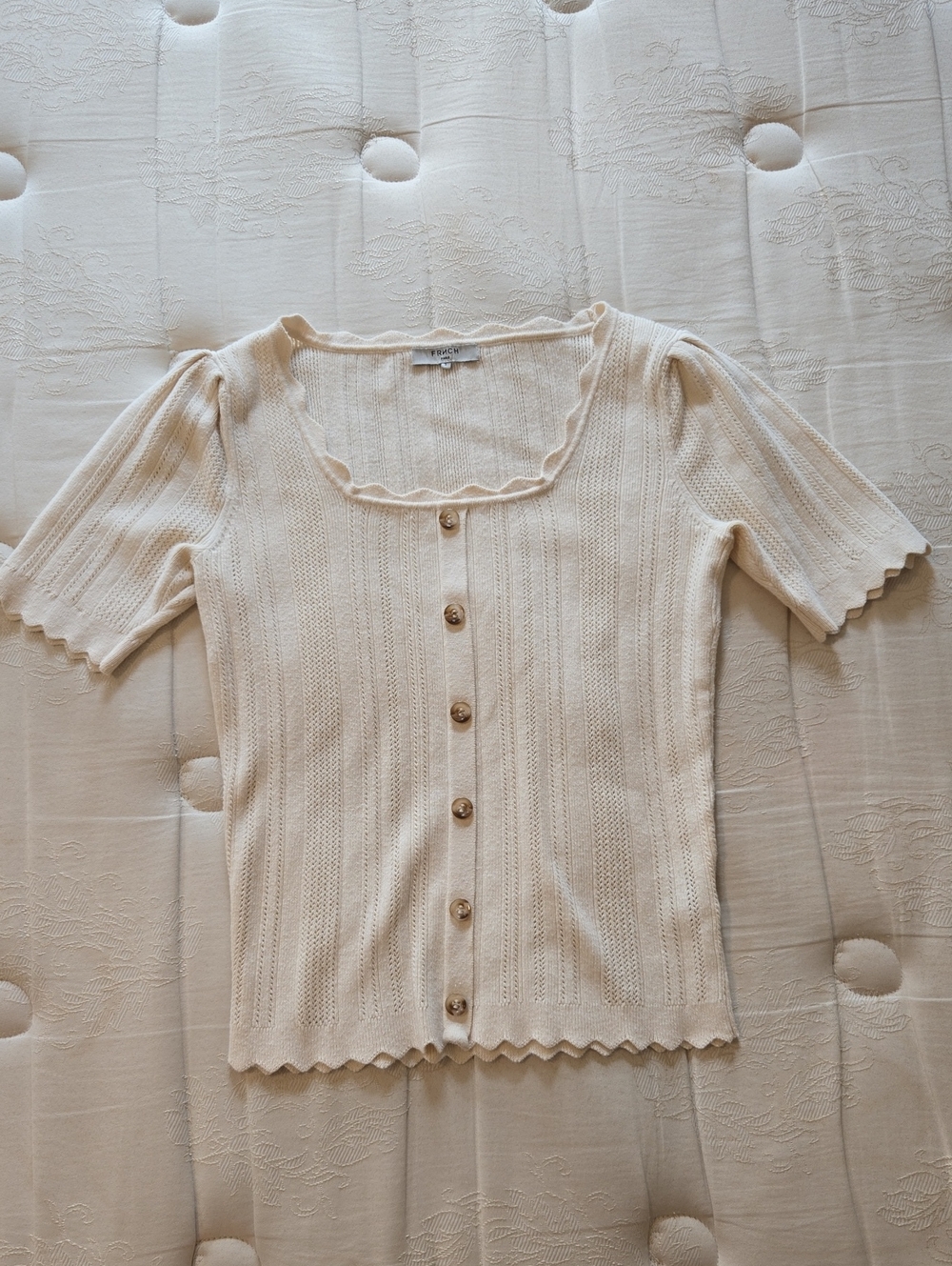 FRNCH Cream Scalloped Knit Button-Front Top